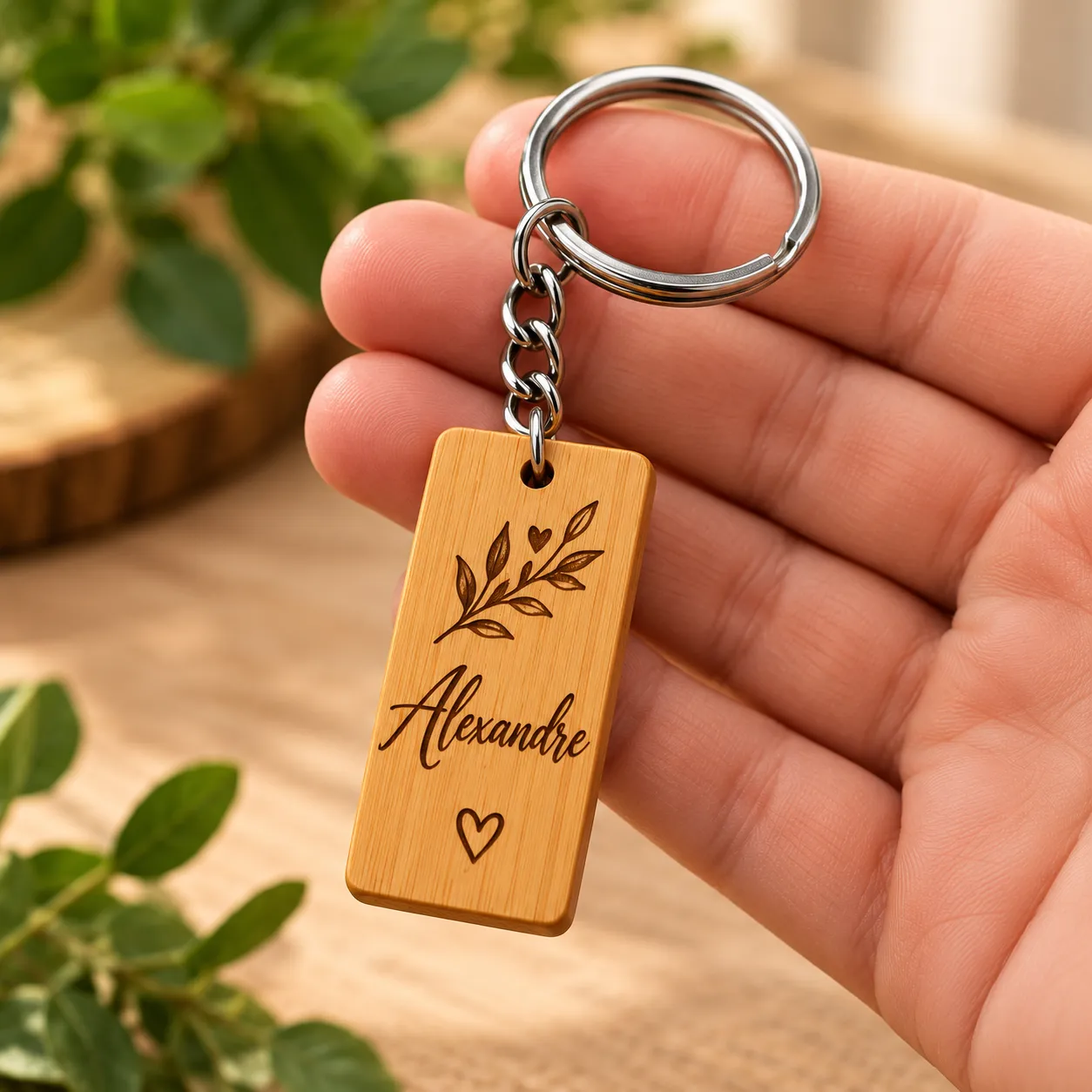 Personalised wooden key ring with laser-engraved first name, Christmas present