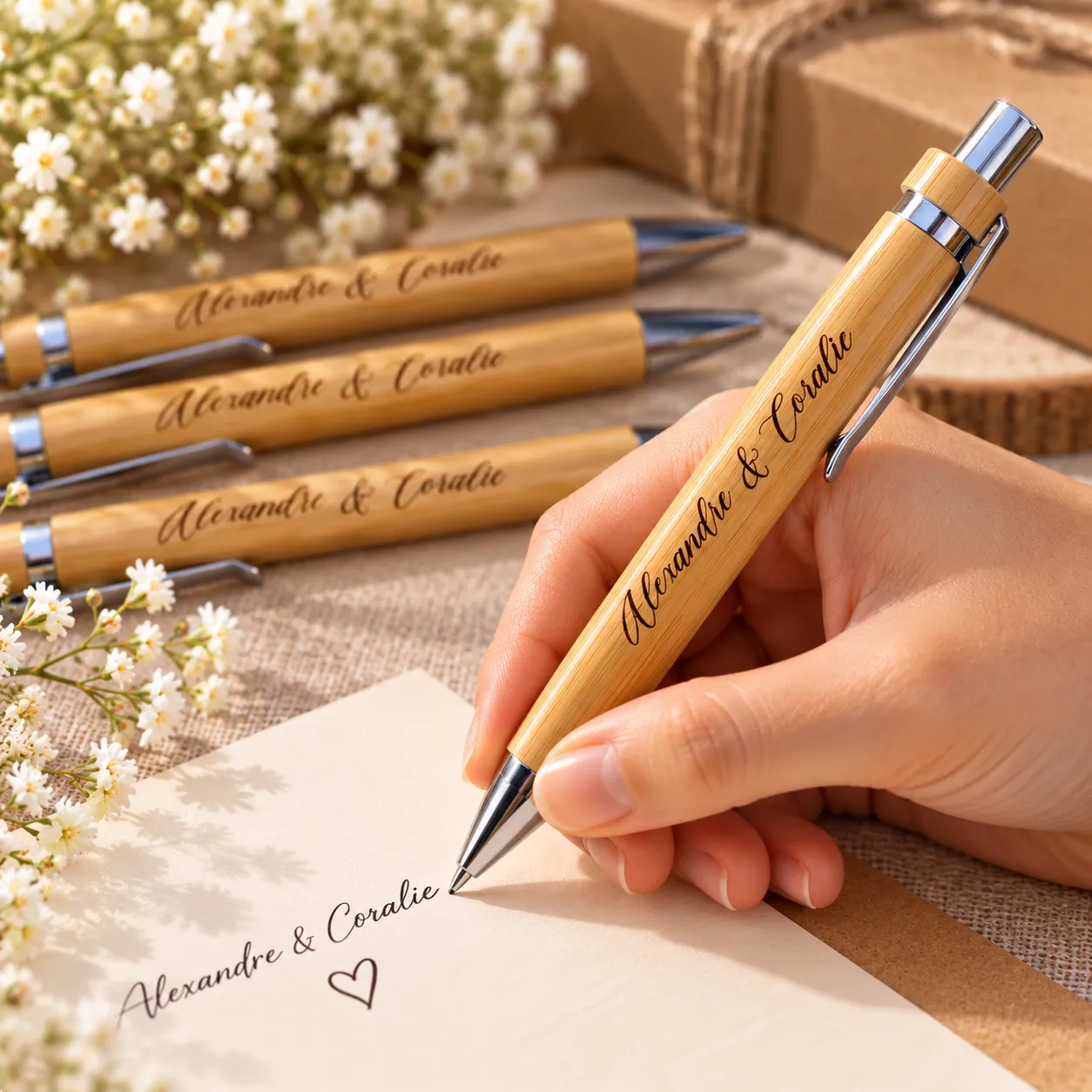 A close-up of the laser engraving on a natural bamboo pen.