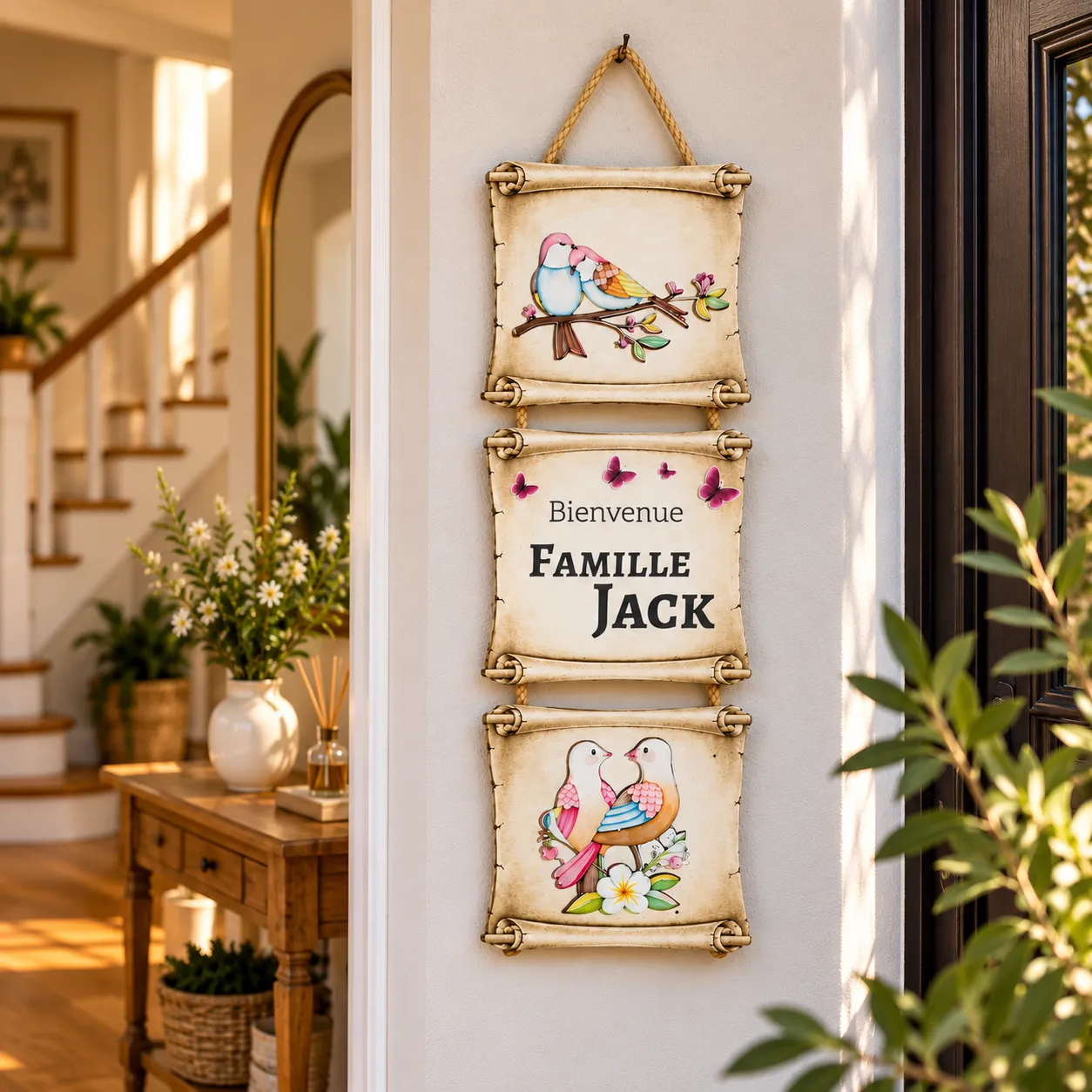 Panneau de bienvenue personnalisé avec nom de famille et oiseaux