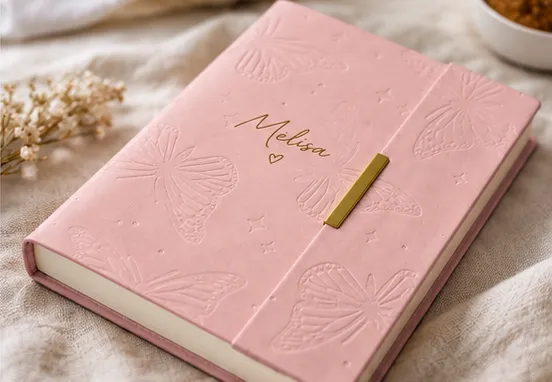 gül rengi-kişiselleştirilmiş-defter-isli-kelebek-Noel-hediyesi