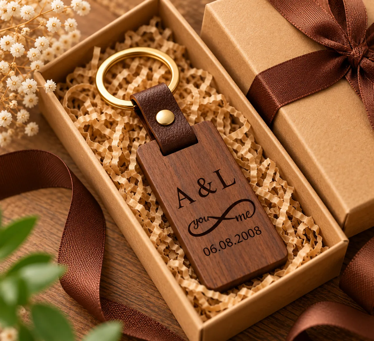 Personalisierter Schlüsselanhänger aus Holz in einer Geschenkbox