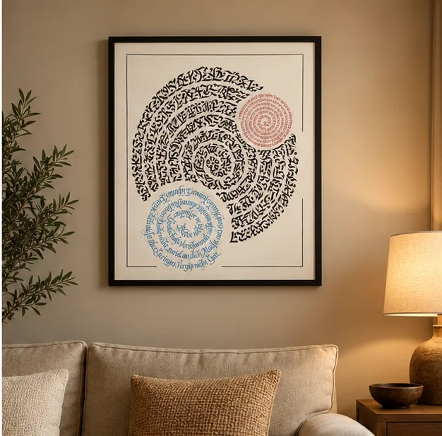 Framed artistic calligraphy artwork featuring a black circular design and blue and red calligraphic motifs – a great Christmas gift idea.