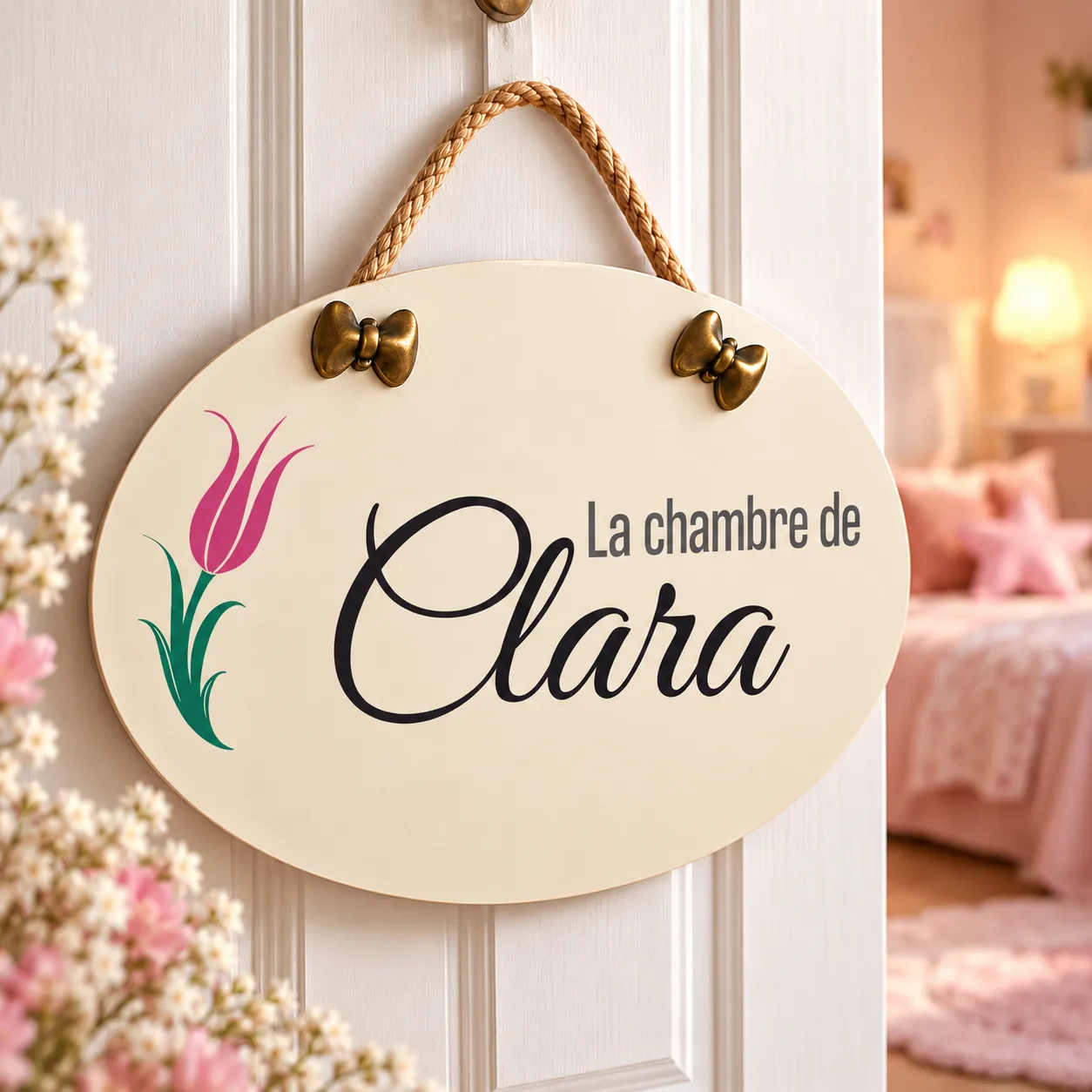 Plaque de porte personnalisée pour chambre d’enfant avec prénom Clara et fleur rose
